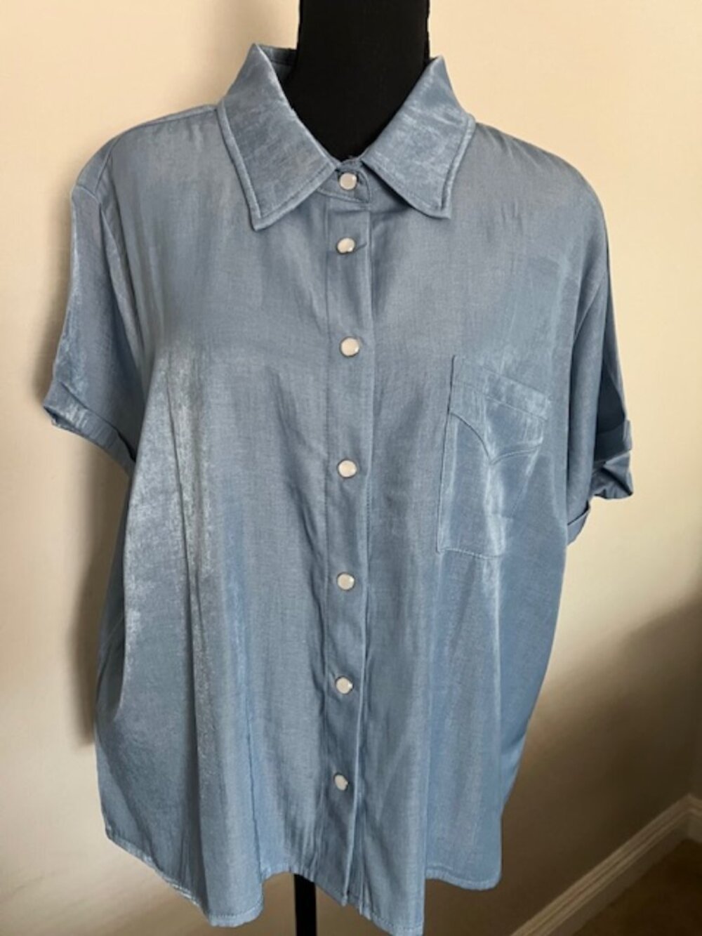 2Fly Button Front Blouse Short Sleeve XL Blue Tencel Cotton Top NWT
